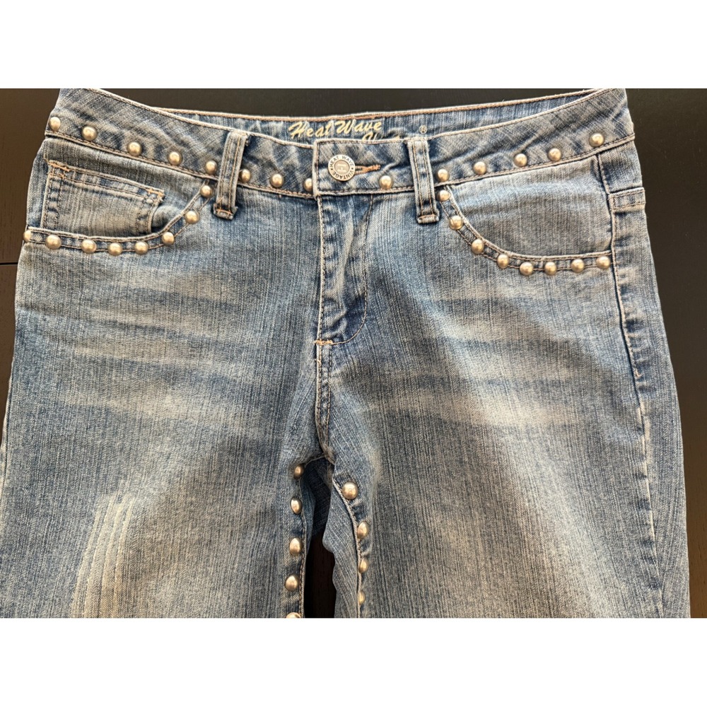 Heat Wave Vintage Studded Jean Womens Size 3 Blue Low-Rise‎ Distressed Denim Y2K
